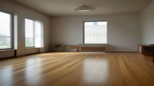 Robô aspirador Roborock Q7 limpando o piso de uma sala de estar moderna e iluminada.