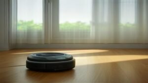 Robô aspirador Roborock Q7 limpando o piso de uma sala de estar moderna e iluminada