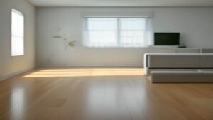 Robô aspirador Roborock limpando o chão de uma sala de estar moderna e iluminada.