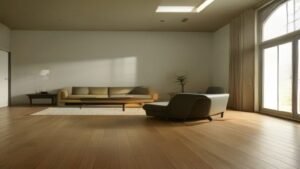 Robô aspirador Roborock Q7 limpando piso de madeira em uma sala de estar moderna e iluminada.