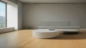 Aspirador robô Roborock Q7 realizando a limpeza em um piso de madeira em uma sala de estar moderna.
