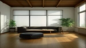 Robô aspirador de pó limpando um piso de madeira em uma sala de estar iluminada e moderna.