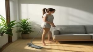 Mulher usando aspirador de pó vertical em sala de estar limpa com piso de madeira