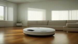 Robô aspirador Philco PAS23 em funcionamento limpando o piso de uma sala de estar moderna.