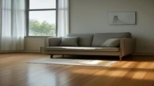Robô aspirador limpando o chão de uma sala de estar moderna.