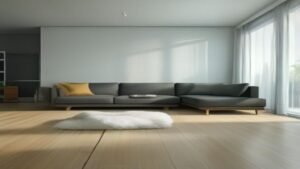 Robô aspirador moderno limpando o piso de uma sala de estar iluminada.