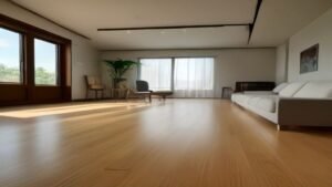 Robô aspirador trabalhando em piso de madeira em uma sala de estar moderna.