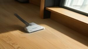 Aspirador vertical Philco deslizando sobre piso laminado de madeira clara em sala de estar limpa