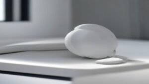 Fone de ouvido sem fio Philco PAS23 ao lado de um cabo de carregamento em uma mesa minimalista.