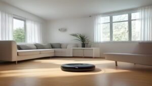 Robô aspirador moderno operando em uma sala de estar com piso de madeira, foco no dispositivo.
