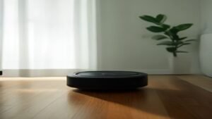 Robô aspirador de pó inteligente limpando o chão de madeira em uma sala de estar moderna e iluminada.