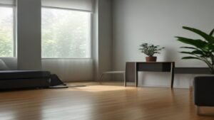 Robô aspirador inteligente limpando o piso de madeira de uma sala de estar moderna.