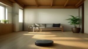 Robô aspirador de pó preto limpando piso de madeira clara em uma sala de estar moderna e iluminada por luz natural.