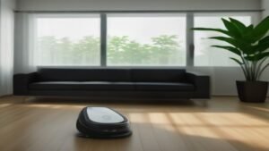 Robô aspirador KaBuM K100 limpando o piso de uma sala de estar moderna e organizada.