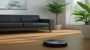 Robô aspirador de pó silencioso limpando piso de madeira em uma sala de estar moderna e bem iluminada.