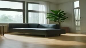 Robô aspirador inteligente limpando o piso de madeira em uma sala de estar moderna e iluminada por luz natural.