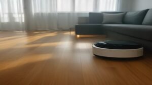 Robô aspirador inteligente em movimento limpando piso de madeira em sala de estar moderna e iluminada.