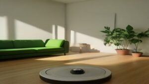 Robô aspirador preto limpando piso de madeira claro em uma sala de estar moderna