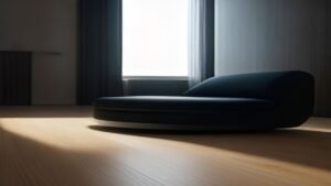 Robô aspirador de pó robótico preto limpando o piso de madeira embaixo de um sofá em uma sala moderna.