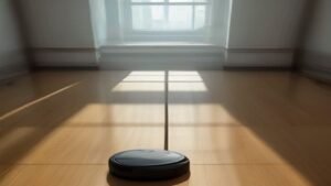 Robô aspirador de pó preto limpando o piso de uma sala de estar moderna e iluminada