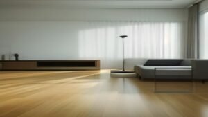 Robô aspirador moderno limpando o chão de uma sala de estar iluminada.