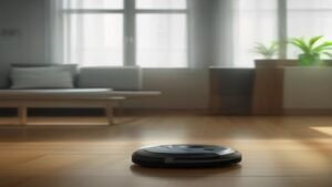 Robô aspirador KaBuM K100 realizando limpeza em uma sala de estar moderna e iluminada.