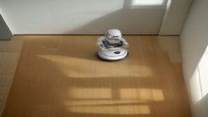 Robô aspirador KaBuM K100 limpando o piso de uma sala de estar moderna e organizada.