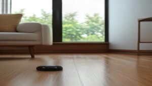 Robô aspirador inteligente operando em uma sala de estar moderna com auxílio de assistente virtual.