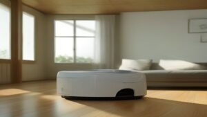 Robô aspirador KaBuM K100 limpando o chão de uma sala de estar moderna e iluminada.