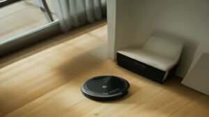 Robô aspirador KaBuM K100 posicionado em uma sala moderna, pronto para ser configurado via aplicativo.