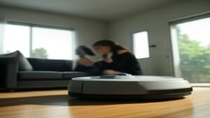 Pessoa realizando a manutenção de rotina e esvaziando o reservatório de um robô aspirador moderno.
