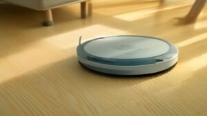 Robô aspirador KaBuM K100 ao lado de peças de reposição organizadas em um ambiente doméstico limpo.