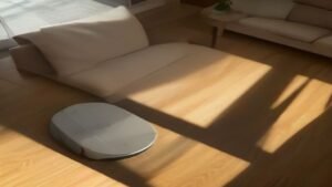 Robô aspirador KaBuM K100 realizando a limpeza em uma sala de estar moderna.