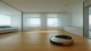Robô aspirador moderno operando em uma sala de estar clara e organizada.