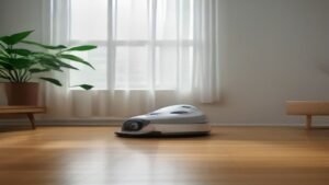 Robô aspirador moderno limpando piso de madeira em sala de estar iluminada