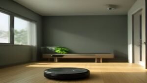 Aspirador robô inteligente preto limpando o piso de madeira em uma sala de estar iluminada e moderna.