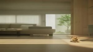 Aspirador robô Midea M7 em funcionamento sobre piso laminado claro com um cachorro observando ao fundo.