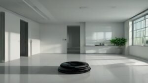 Robô aspirador Midea M7 em funcionamento sobre piso de porcelanato polido espelhado em uma sala moderna.