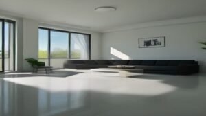 Robô aspirador inteligente Midea M7 passando pano em um piso de porcelanato brilhante de sala moderna.