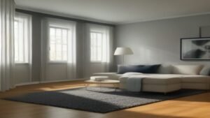 Robô aspirador Midea M7 subindo em um tapete de pelo baixo sobre piso de madeira em uma sala de estar.