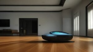 Robô aspirador preto com cúpula de sensor LiDAR navegando sobre piso de madeira em sala de estar moderna.