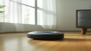 Aspirador robô Midea M7 retornando para a base de carregamento em uma sala de estar moderna.