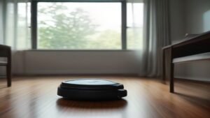 Robô aspirador Midea M7 realizando a limpeza de uma sala de estar com piso de madeira, iluminado por luz natural.