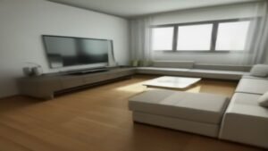 Pessoa utilizando um smartphone para controlar um robô aspirador Midea M7 em uma sala de estar moderna.