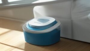 Mãos removendo o filtro HEPA de um robô aspirador Midea para manutenção.