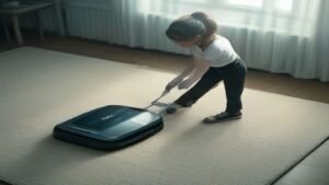 Pessoa realizando a manutenção preventiva de um robô aspirador Midea M7 em um ambiente residencial moderno.