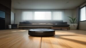 Robô aspirador Midea M7 realizando a limpeza em uma sala de estar moderna com piso de madeira clara.
