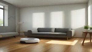 Robô aspirador Midea M7 limpando piso de madeira em sala de estar moderna