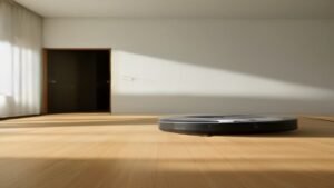 Robô aspirador Midea M7 aspirando piso de madeira em uma sala de estar moderna e iluminada.