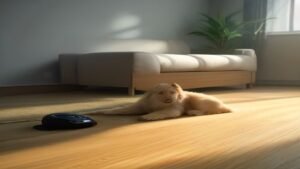 Robô aspirador Midea M7 limpando o chão de uma sala de estar moderna com um cão ao fundo.